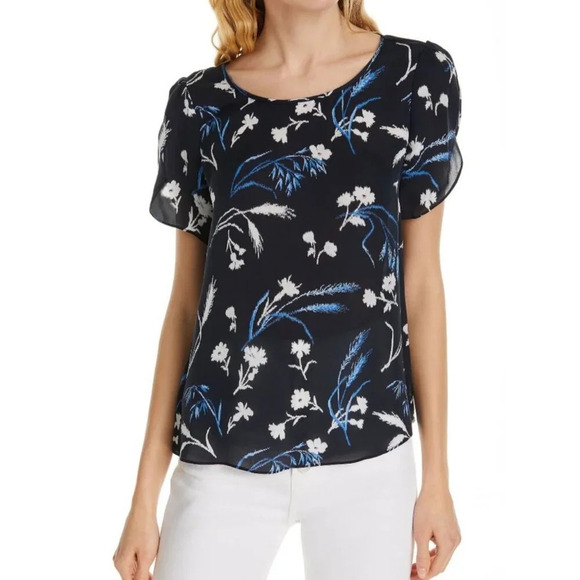 Joie Wira Navy Floral Silk Short Petal Sleeve Top Size M - Picture 1 of 7